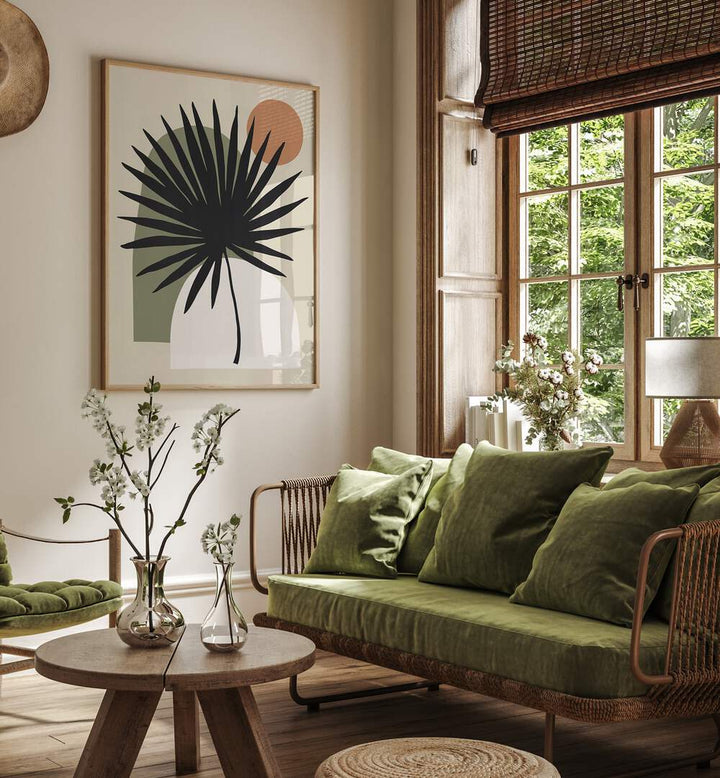 Stylish living room featuring COMPOSITION V, BOHO ART PAINTINGS, blending nature's beauty with modern aesthetics.