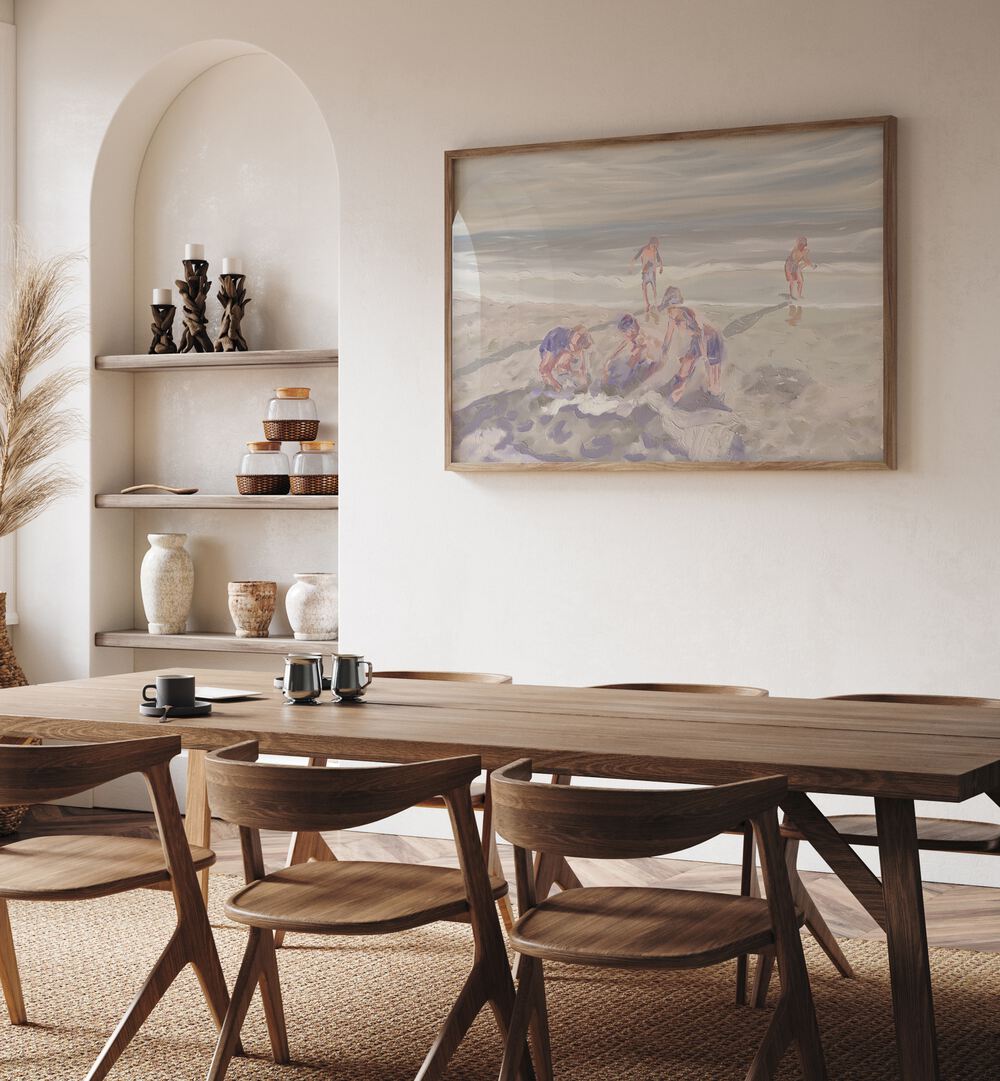 Serene living room featuring CUZZIES AT THE BEACH, BEACH PAINTINGS, capturing joyful beach moments in art form.