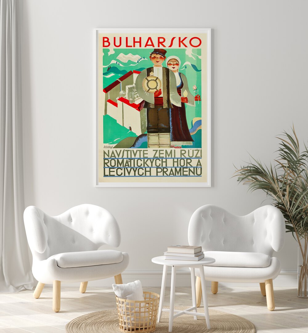 Stylish BULHARSKO, VINTAGE TRAVEL POSTERS showcasing Bulgaria's charm and rich history in a cozy interior setting.