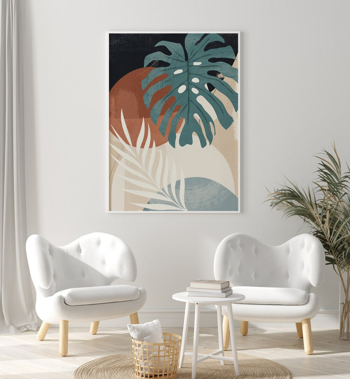 Stylish living room featuring ABSTRACT TROPICAL LEAVES II, BOHO ART PAINTINGS for a vibrant, modern aesthetic.