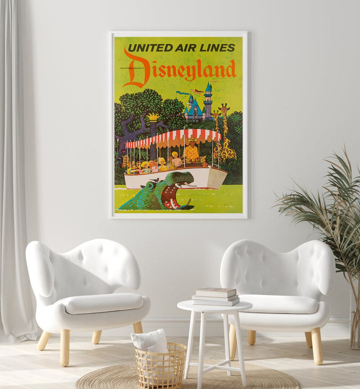 Colorful Disneyland vintage travel posters adorn a modern living room, showcasing nostalgia and whimsy for fans.