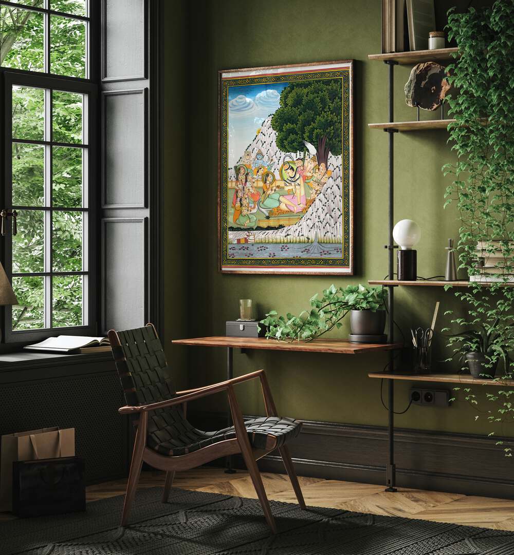 Vibrant LORD SHIVA TAKING BHANG, INDIAN ART PAINTINGS displayed in a stylish interior, celebrating Indian heritage.