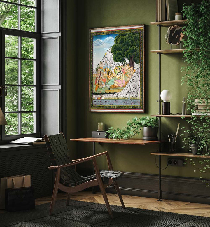 Vibrant LORD SHIVA TAKING BHANG, INDIAN ART PAINTINGS displayed in a stylish interior, celebrating Indian heritage.