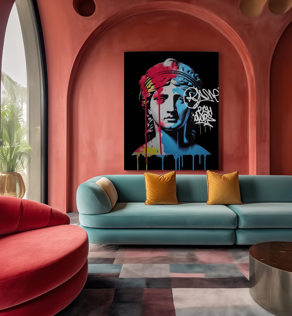 VANDAL NEMESIS, ALTERED ART PRINTS showcased in a vibrant modern living space by DIKHOTOMY, elevating home decor.