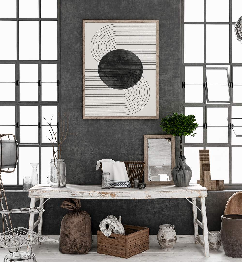 Stylish interior featuring DEEP BLACK BALANCE VI, BOHO ART PAINTINGS from The Miuus Studio, adding modern elegance.