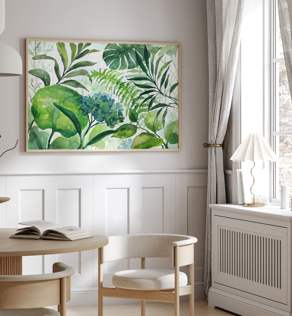 Vibrant DIVERSE GREEN LEAVE, FLORAL FLOWER PAINTINGS enhancing a bright, modern living space with nature's elegance.