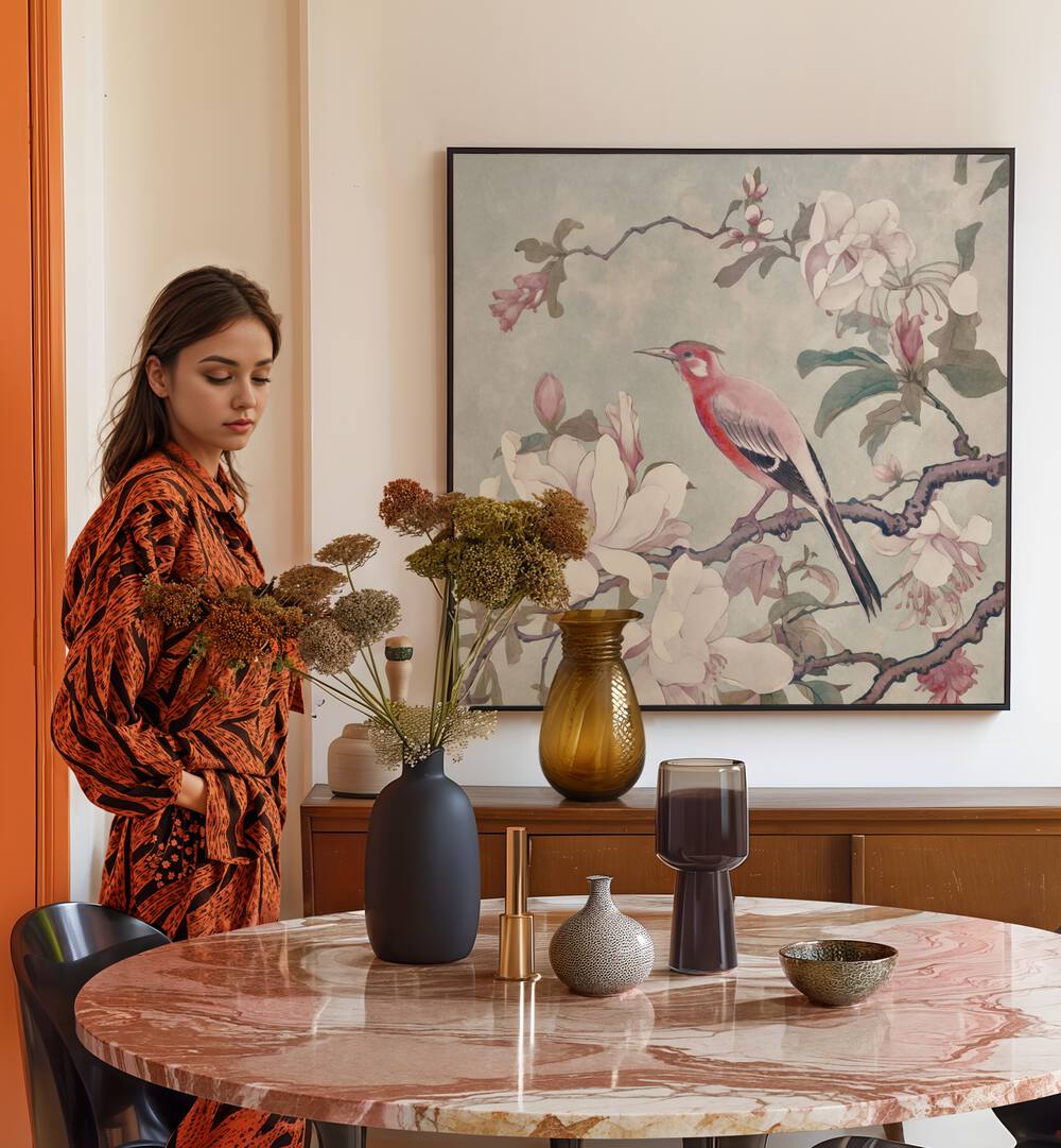 Chinoiserie Bird IV, Animal Paintings adorns a stylish room, blending nature with vibrant art for a stunning effect.