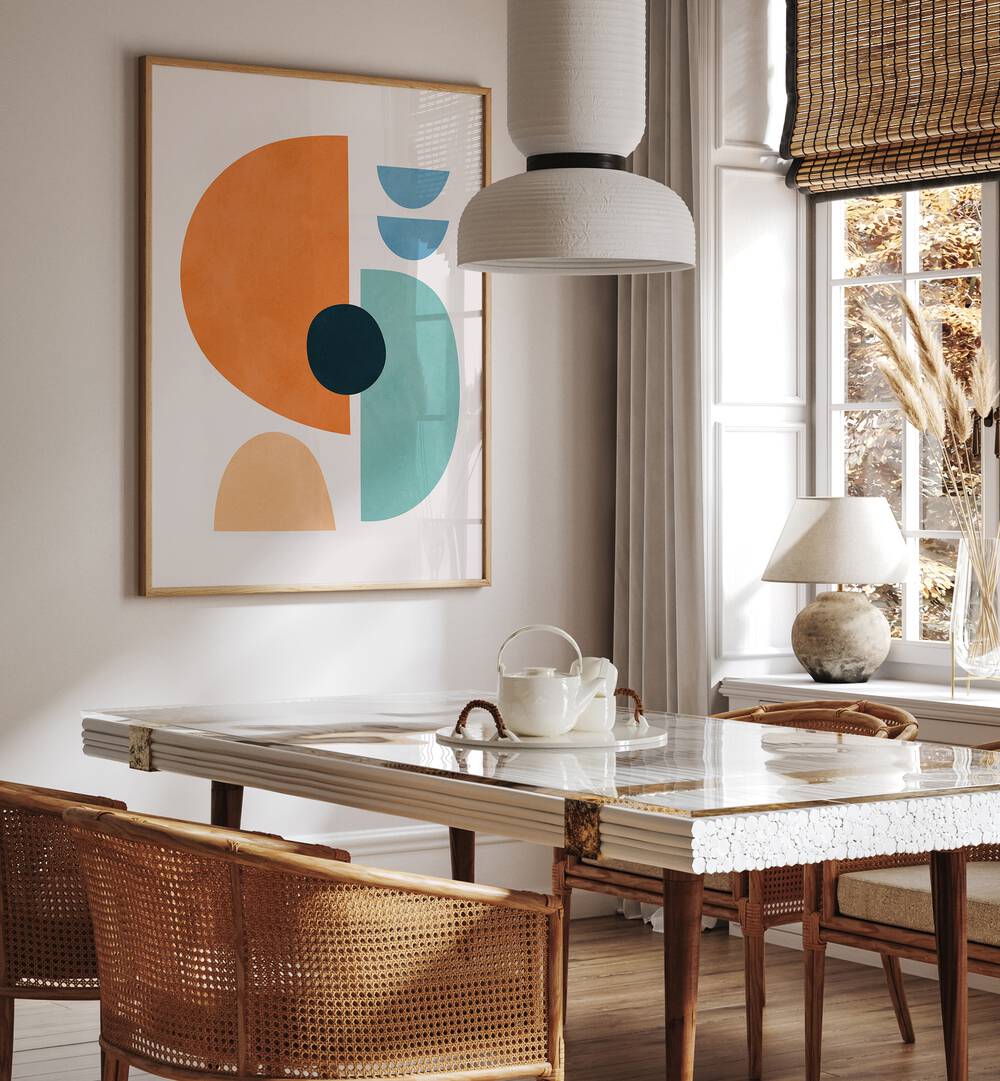 Stylish dining area featuring EXPRESSIVE CIRCLES, BOHO ART PAINTINGS that enhance modern aesthetics and creativity.