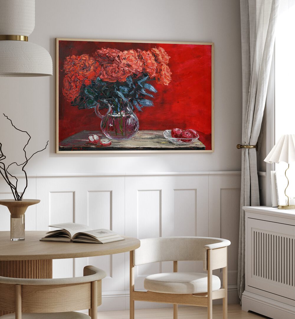 Vibrant flower scent fills the room with floral flower paintings showcasing lush roses and vivid colors.
