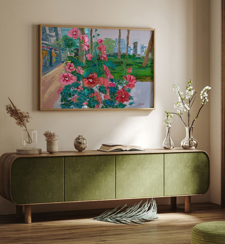 Vibrant pink flowers bloom in a floral painting, adding charm to any space with floral flower paintings decor.
