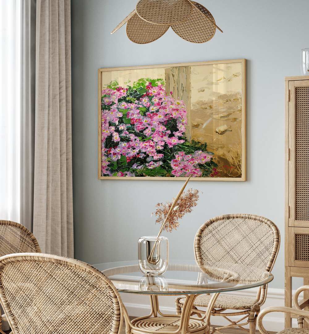 Vibrant WILD CHRYSANTHEMUM CANVAS, FLORAL FLOWER PAINTINGS, enhancing a cozy dining space with natural beauty.