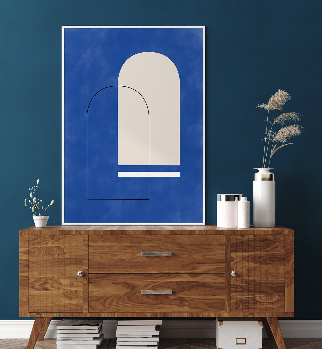 Elegant BLUE ARCHES, GEOMETRIC ART PRINTS by Elena Ristova, perfect for modern decor and art enthusiasts.