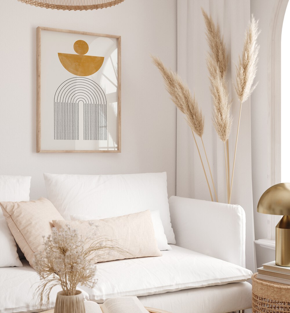 Stylish living room featuring ARCH COMPOSITION VII, BOHO ART PAINTINGS by THE MIUUS STUDIO, adding modern elegance.