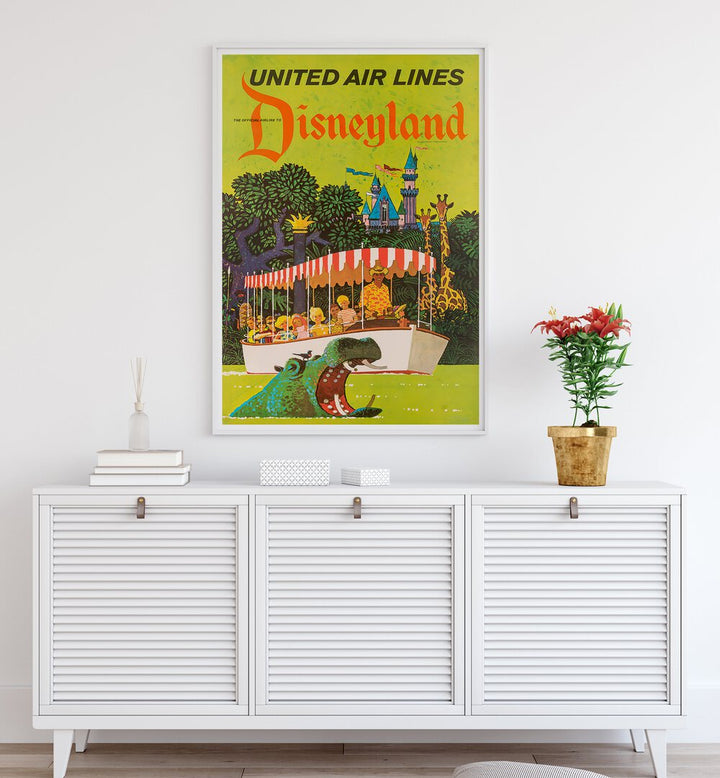 Colorful Disneyland vintage travel poster showcasing whimsical attractions and nostalgia, perfect for home decor.