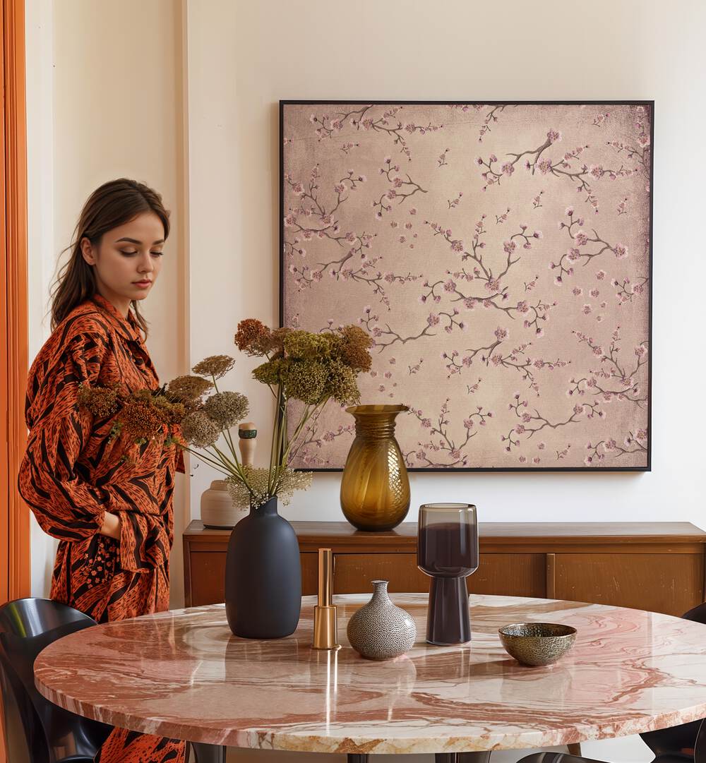 Stylish interior featuring CHERRY BLOSSOM DANCE, FLORAL FLOWER PAINTINGS, enhancing the spring ambiance beautifully.