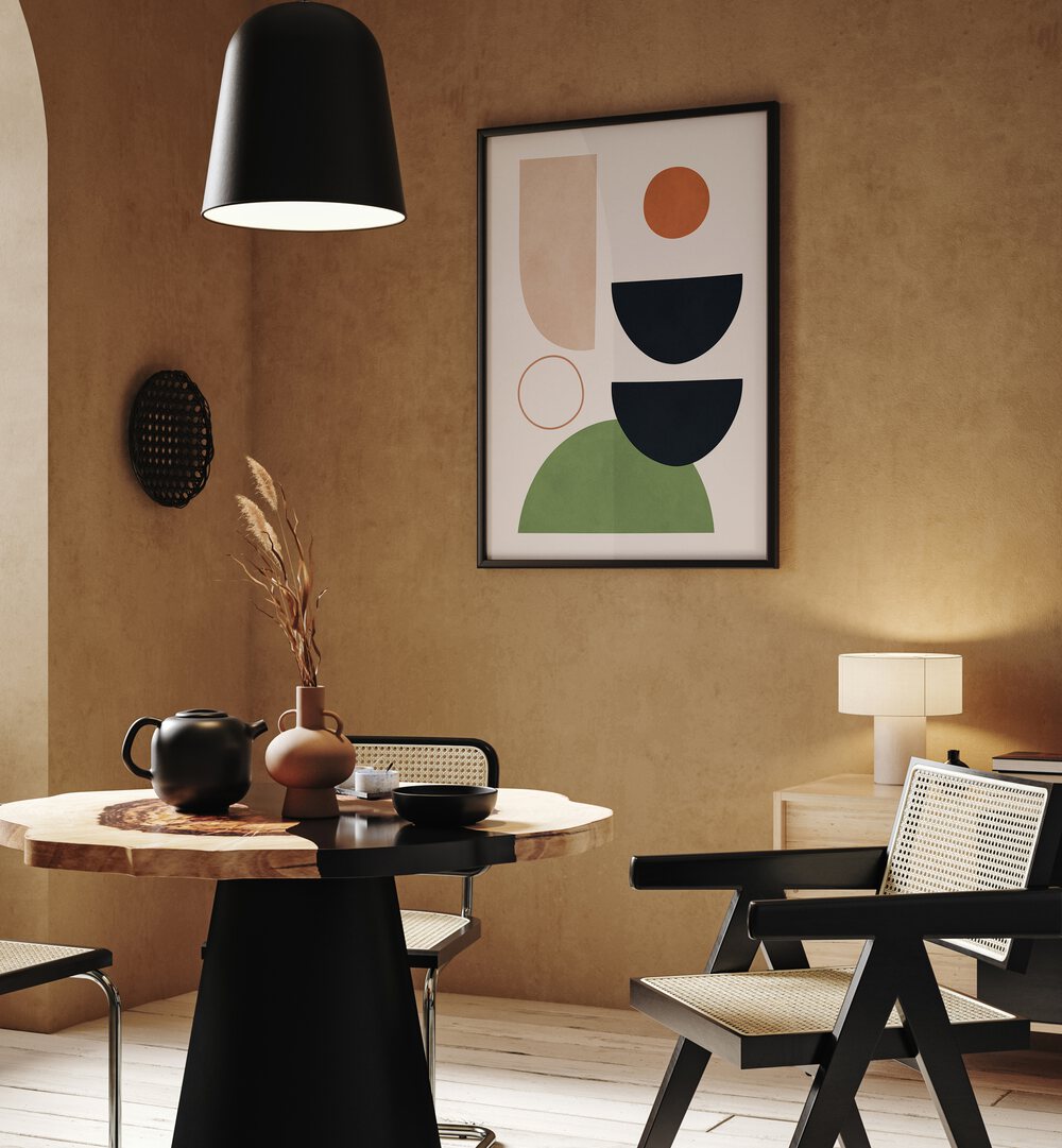 Stylish interior featuring EXPRESSIVE CIRCLES X, BOHO ART PAINTINGS, enhancing creative spaces with modern design.