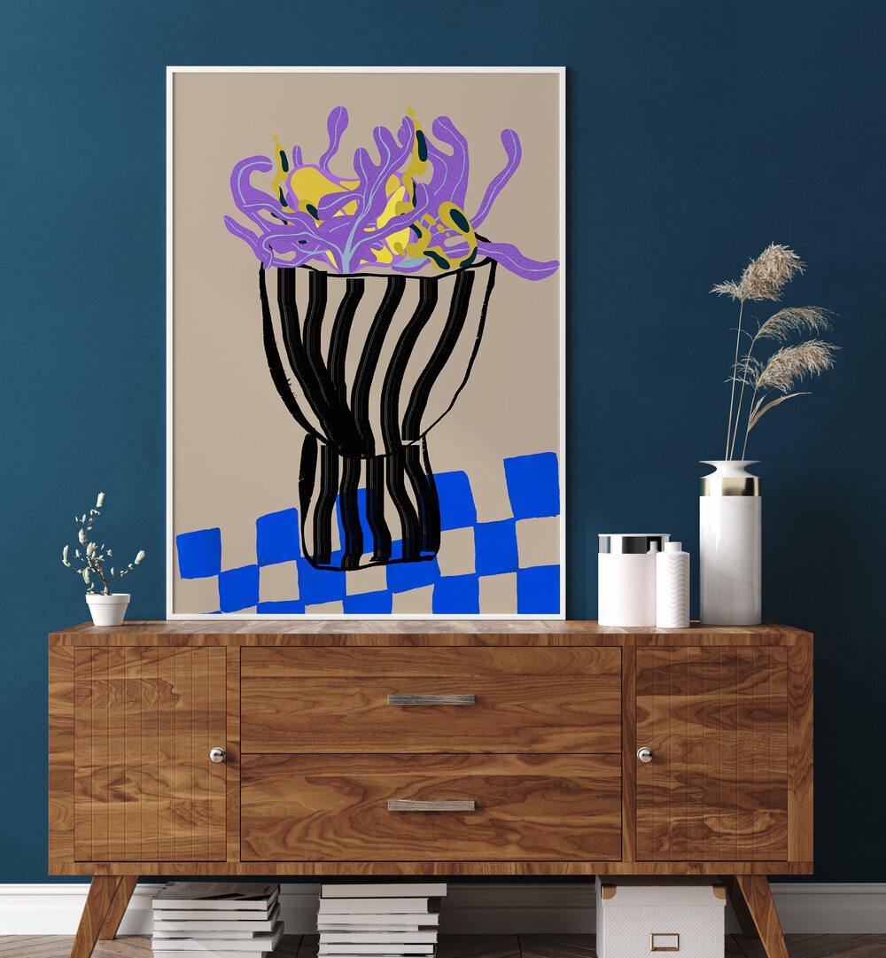 Stylish modern vase paired with abstract paintings, perfect for enhancing your home décor.