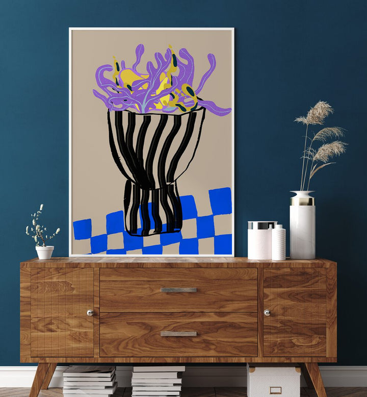 Stylish modern vase paired with abstract paintings, perfect for enhancing your home décor.