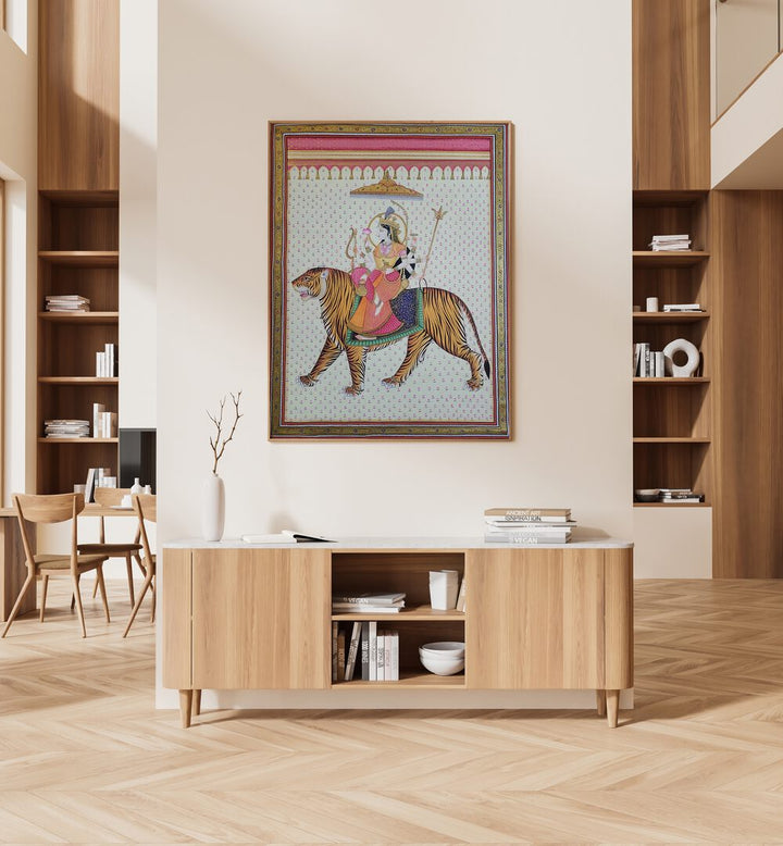 Vibrant MAA DURGA, INDIAN ART PAINTINGS adorn a modern interior, showcasing divine strength and intricate details.