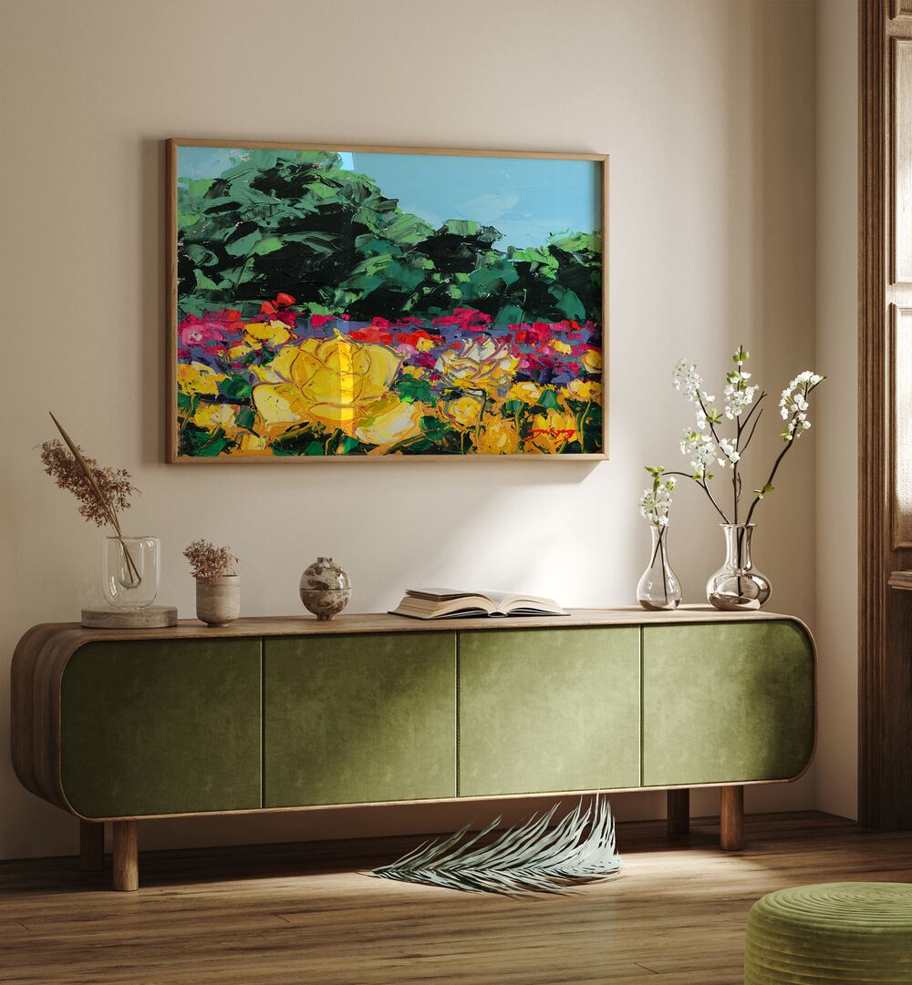 Vibrant WILD ROSE CANVAS, FLORAL FLOWER PAINTINGS brighten a stylish room with colorful blooms and greenery.
