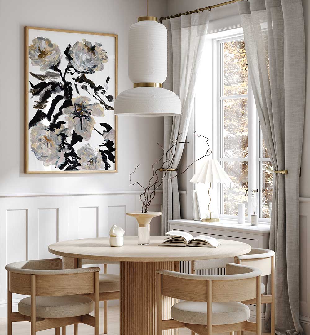 Elegant dining area featuring LE JARDIN BOTANIQUE FLOWER, FLORAL FLOWER PAINTINGS that enhance the decor beautifully.