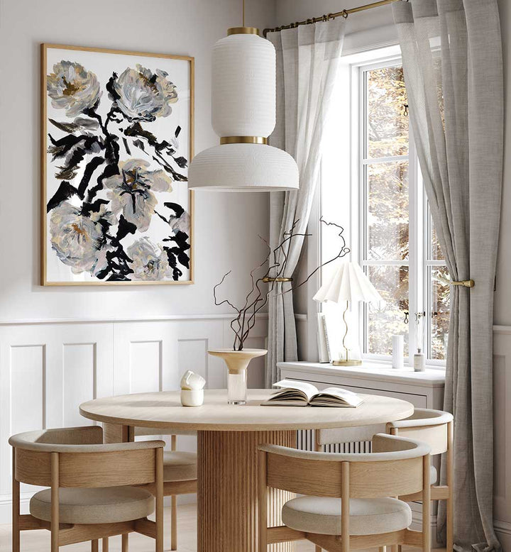 Elegant dining area featuring LE JARDIN BOTANIQUE FLOWER, FLORAL FLOWER PAINTINGS that enhance the decor beautifully.