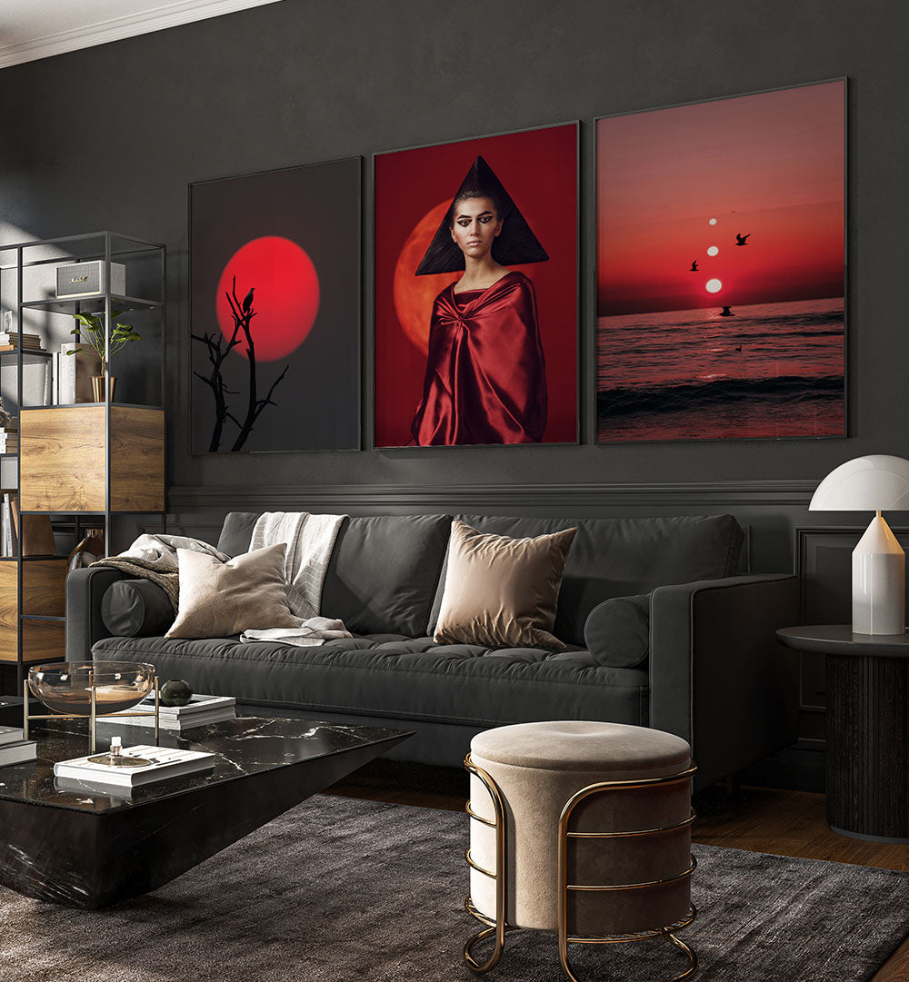 RED HORIZON , SET OF 3 PAINTINGS