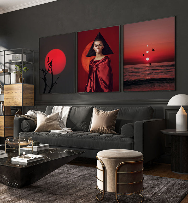 RED HORIZON , SET OF 3 PAINTINGS