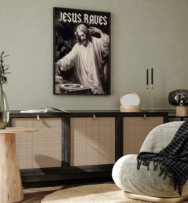 Transform your space with JESUS RAVES, ALTERED ART PRINTS by Dikhotomy, blending creativity and unique style.