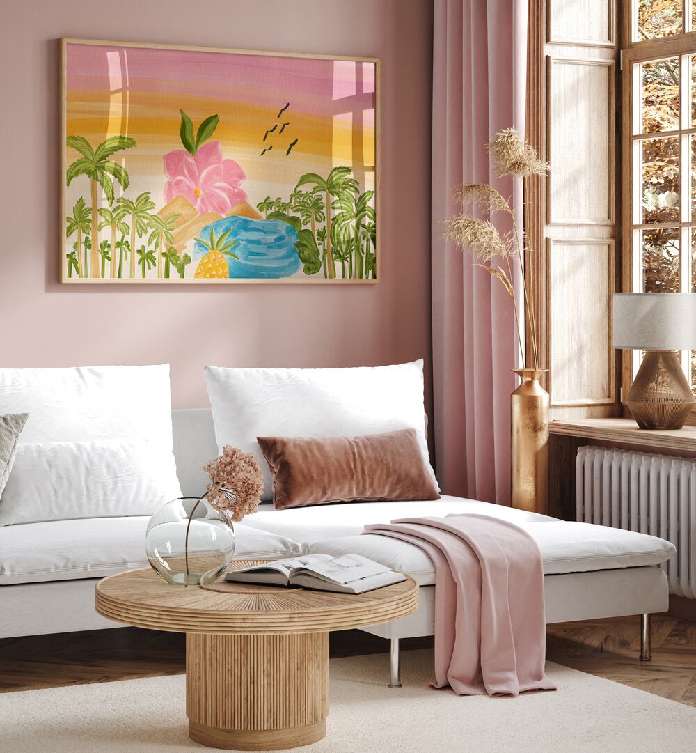 Vibrant ISLAND, LANDSCAPE PAINTINGS enhancing a chic living room, perfect for transforming your space.