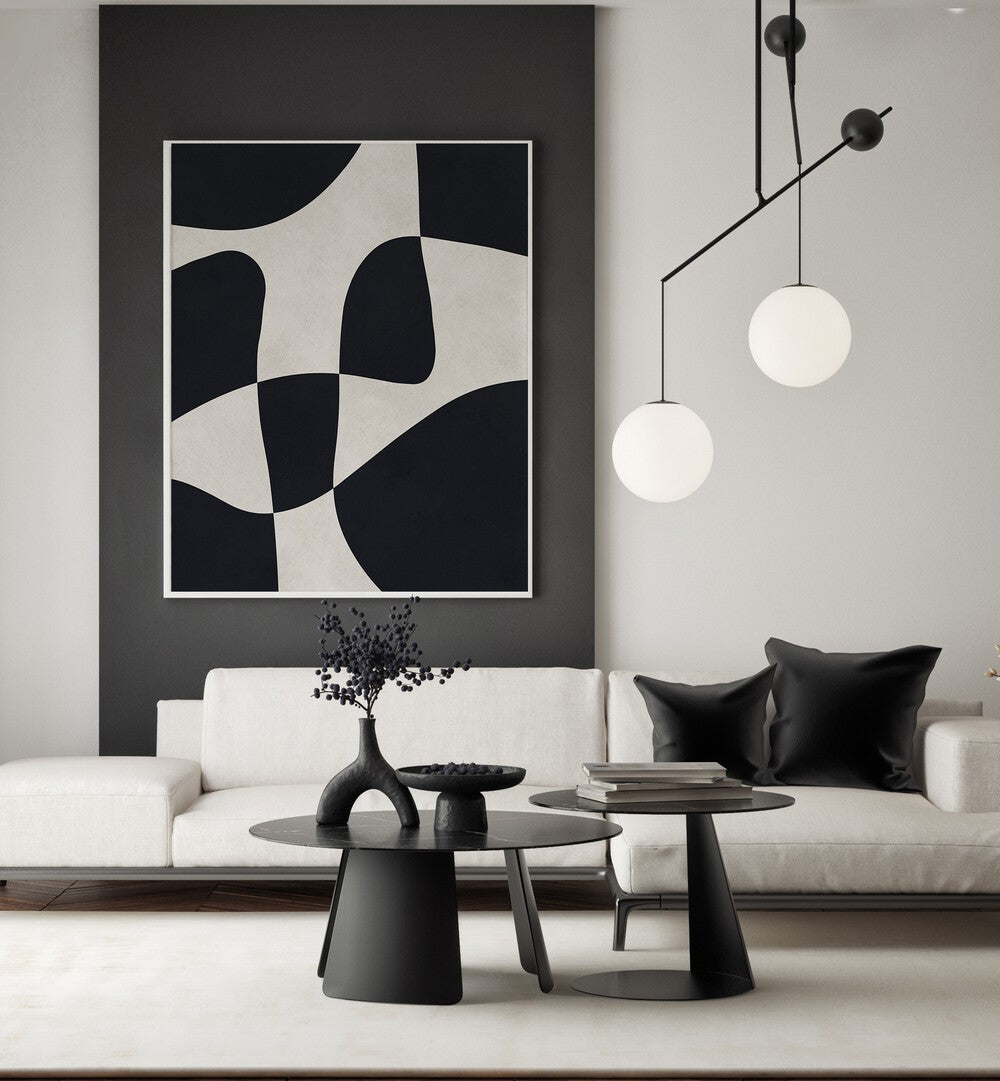 Modern living room featuring CURVED SHAPES 3, ABSTRACT PAINTINGS, enhancing style with elegant curved designs.