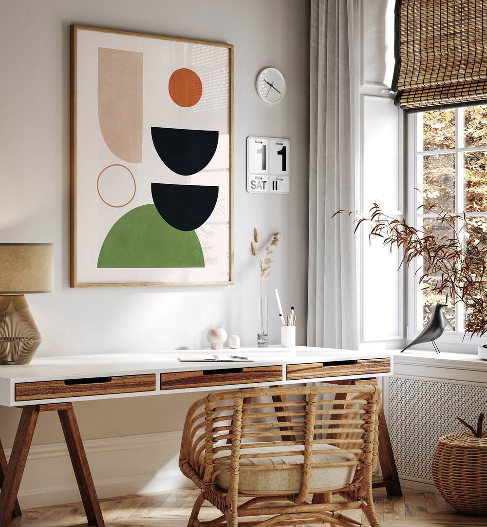 Stylish home office featuring EXPRESSIVE CIRCLES X, BOHO ART PAINTINGS, enhancing creativity and modern decor.