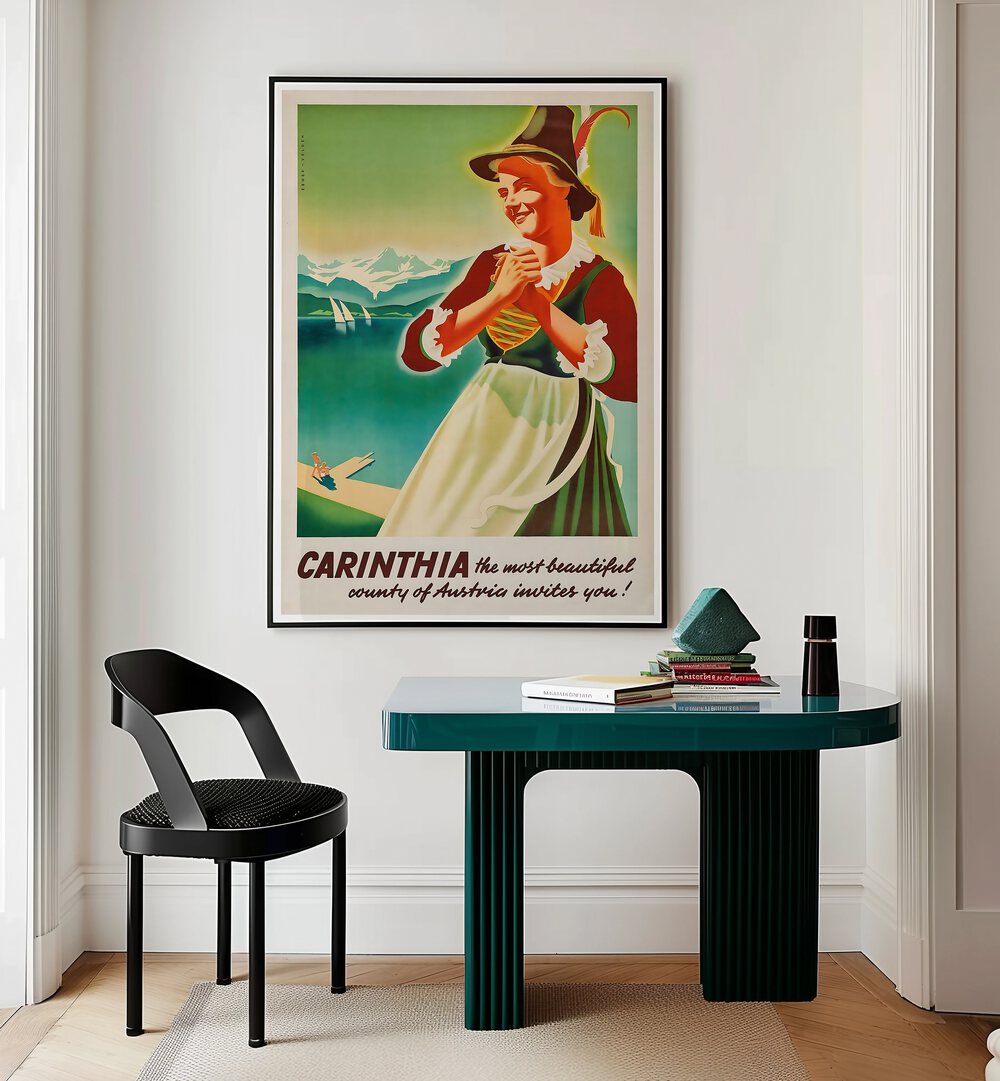 CARINTHIA, VINTAGE TRAVEL POSTERS adorn a stylish room, showcasing the beauty of Austria's landscapes and culture.