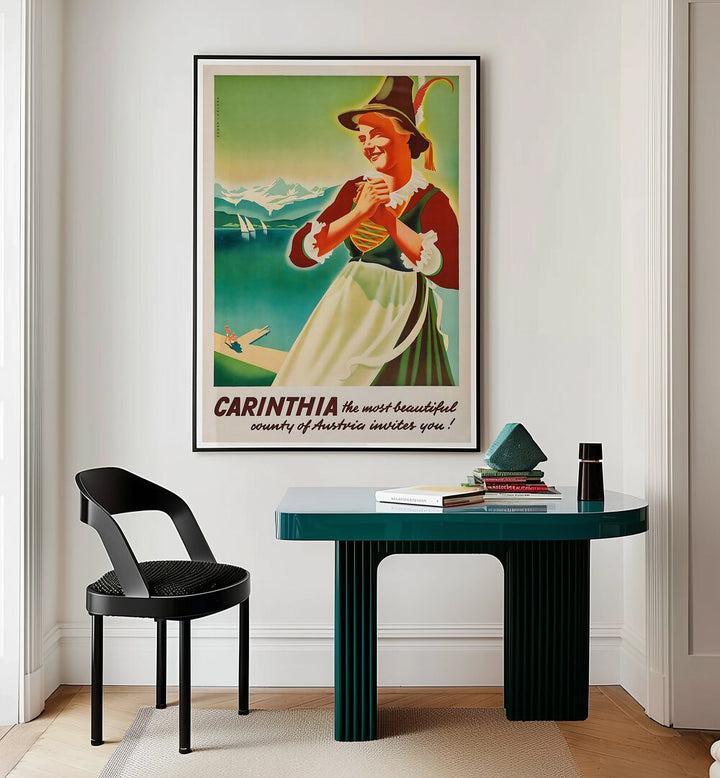 CARINTHIA, VINTAGE TRAVEL POSTERS adorn a stylish room, showcasing the beauty of Austria's landscapes and culture.