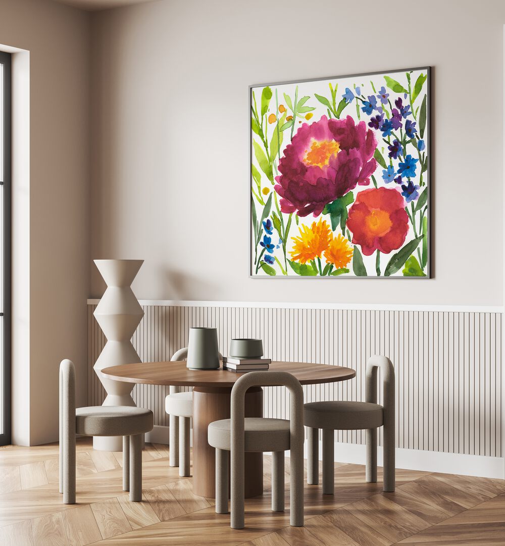 Brighten your space with MORNING, FLORAL FLOWER PAINTINGS, showcasing vibrant blooms in a serene setting.