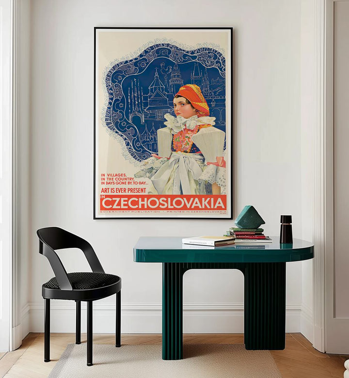 Vintage travel poster showcasing CZECHOSLOVAKIA's cultural beauty, perfect for art enthusiasts and nostalgia lovers.