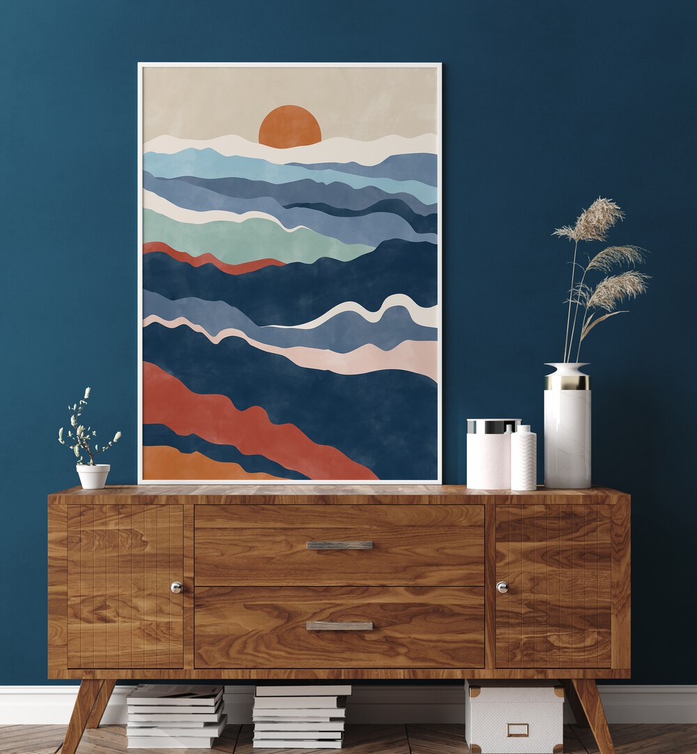 Elena Ristova's ABSTRACT TERRACOTTA & BLUE landscape painting adds vibrant elegance to any decor.
