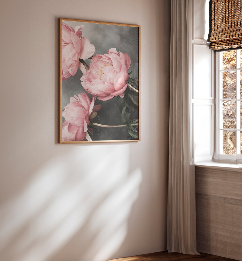 Elegant ROSE II, FLORAL FLOWER PAINTINGS adorn the wall, showcasing soft pink blossoms in a serene setting.