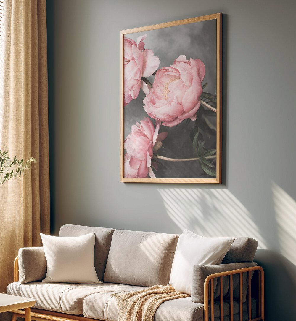 Elegant ROSE II, FLORAL FLOWER PAINTINGS adorn a cozy living space, enhancing its beauty and tranquility.