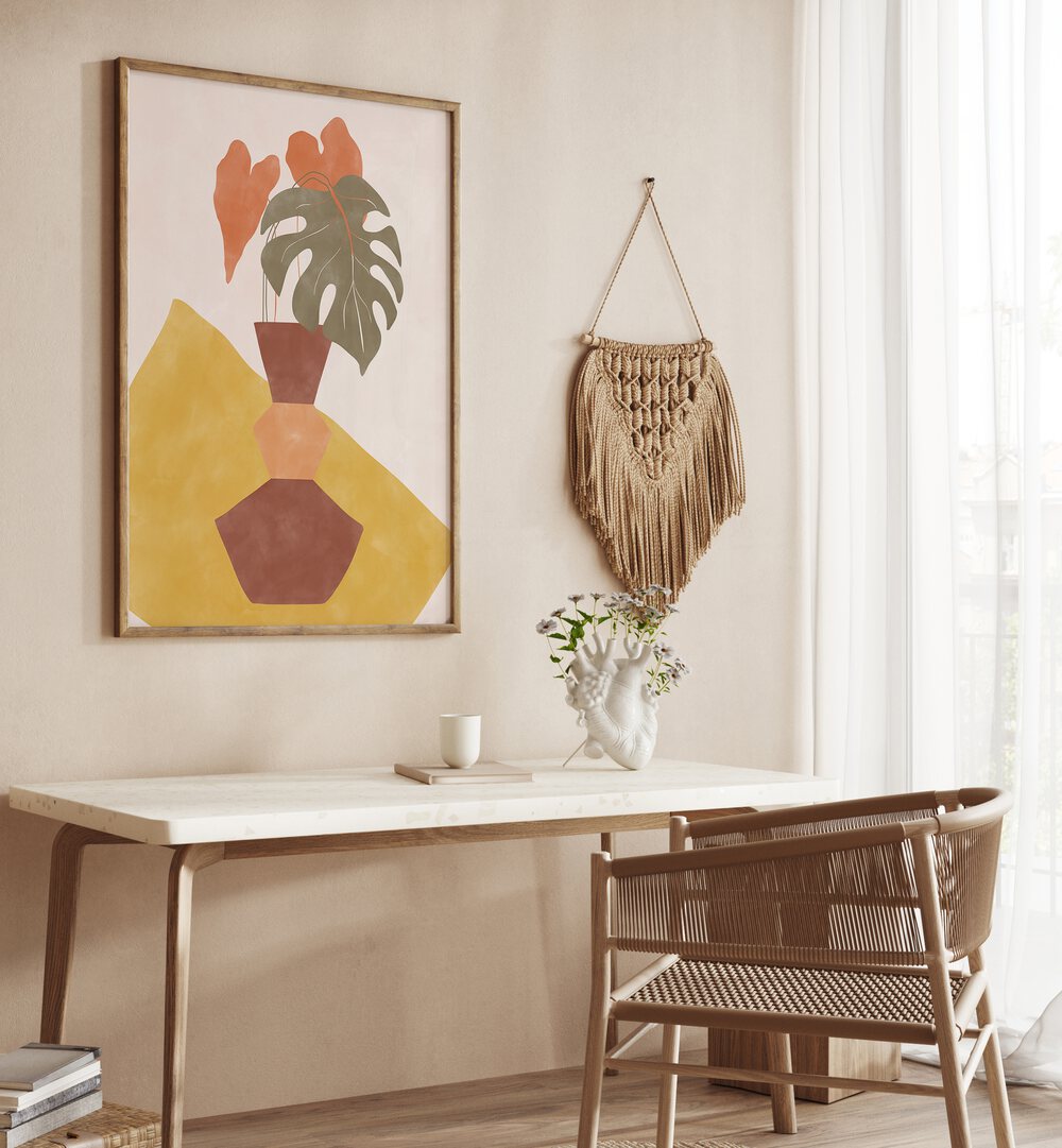 Stylish Brown Flower Pot artwork by Elena Ristova adds a boho touch to any space with vibrant colors.