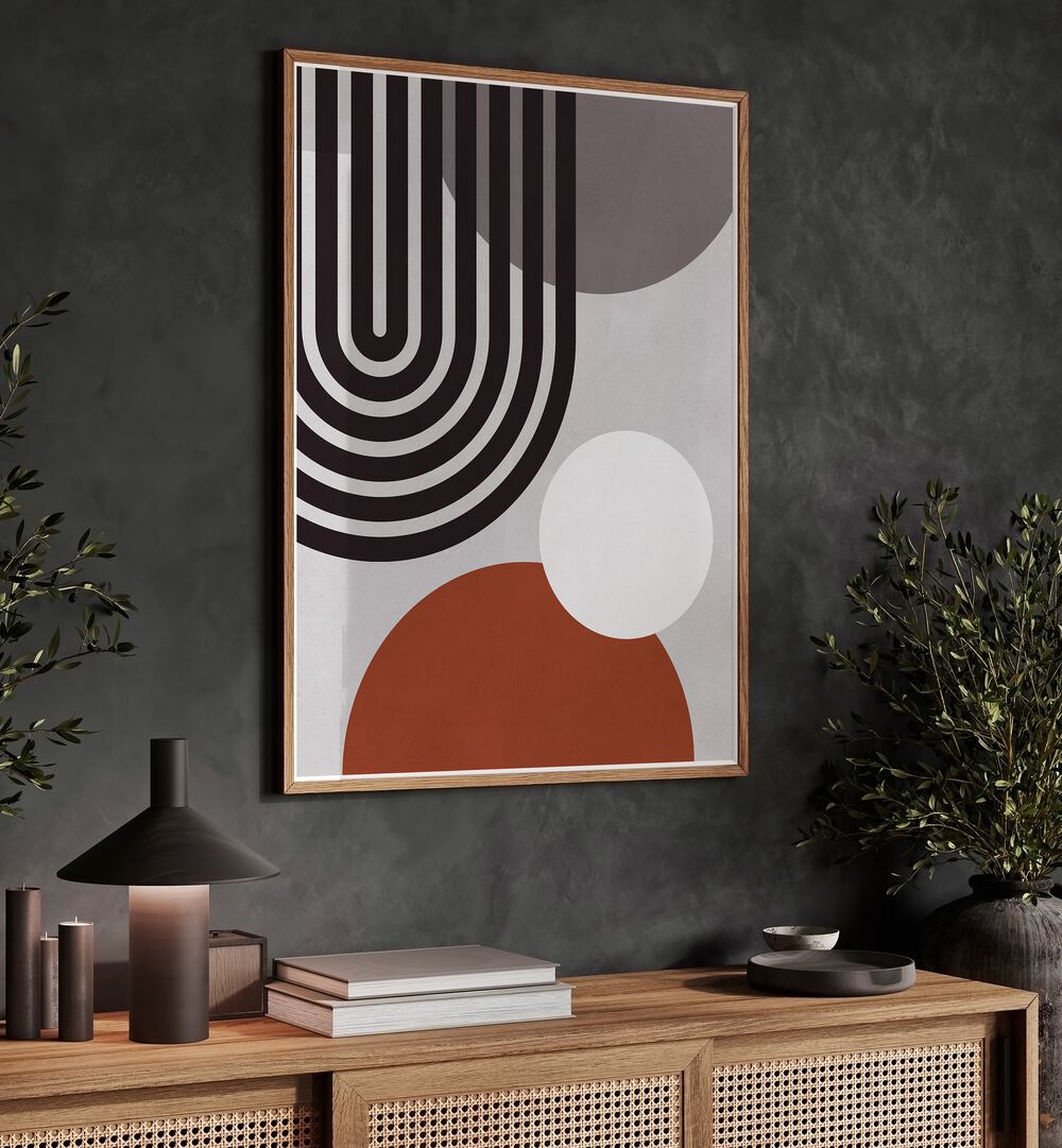 Beautiful LINES AND CIRCLES XII, BOHO ART PAINTINGS displayed in a stylish living space, showcasing modern geometric design.