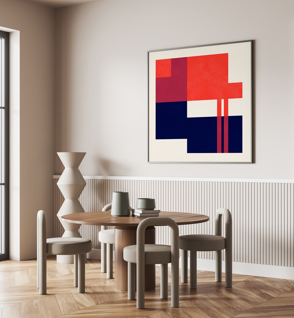Brightly colored geometric art prints enhance modern interiors, showcasing COLORFUL 5, GEOMETRIC ART PRINTS.