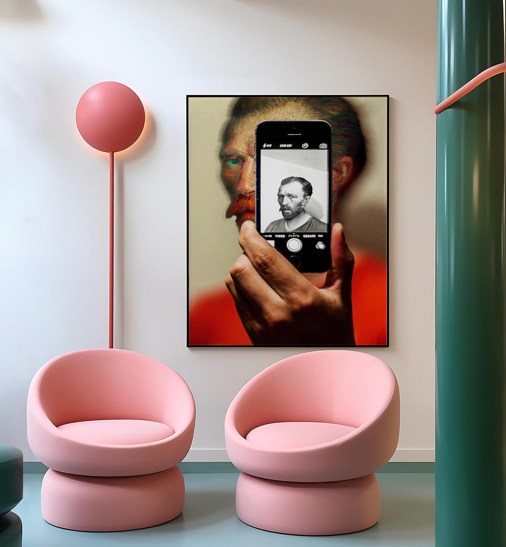 Stylish living room featuring the SHOW YOU MY SELFIE, ALTERED ART PRINTS by Dikhotomy, perfect for modern decor.