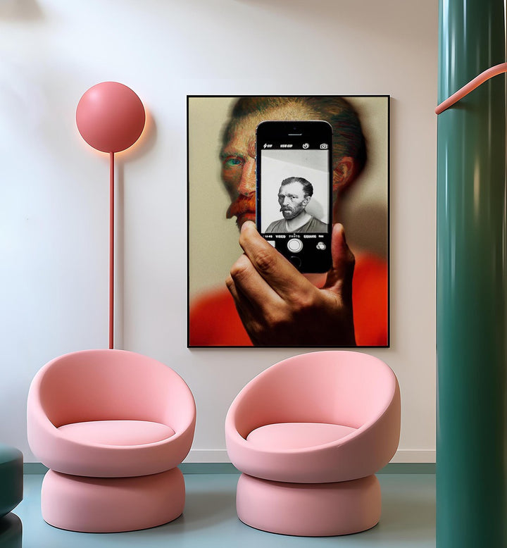 Stylish living room featuring the SHOW YOU MY SELFIE, ALTERED ART PRINTS by Dikhotomy, perfect for modern decor.