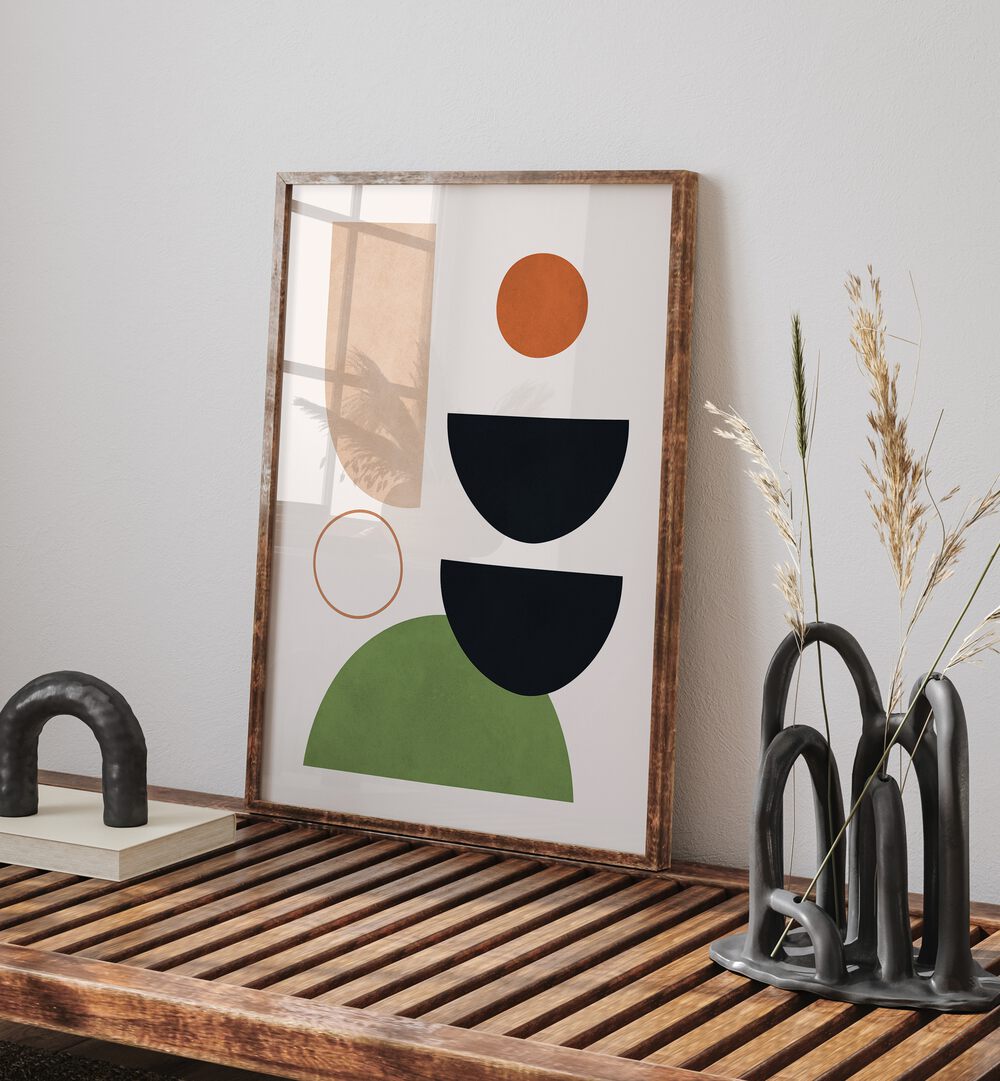 Colorful "EXPRESSIVE CIRCLES X, BOHO ART PAINTINGS" framed artwork enhances creative spaces with modern design.