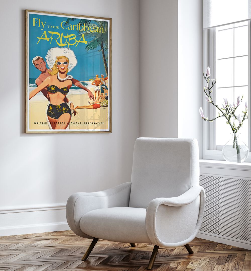 Vintage travel poster "ARUBA I" brightens a chic interior with tropical charm and retro flair for your decor.