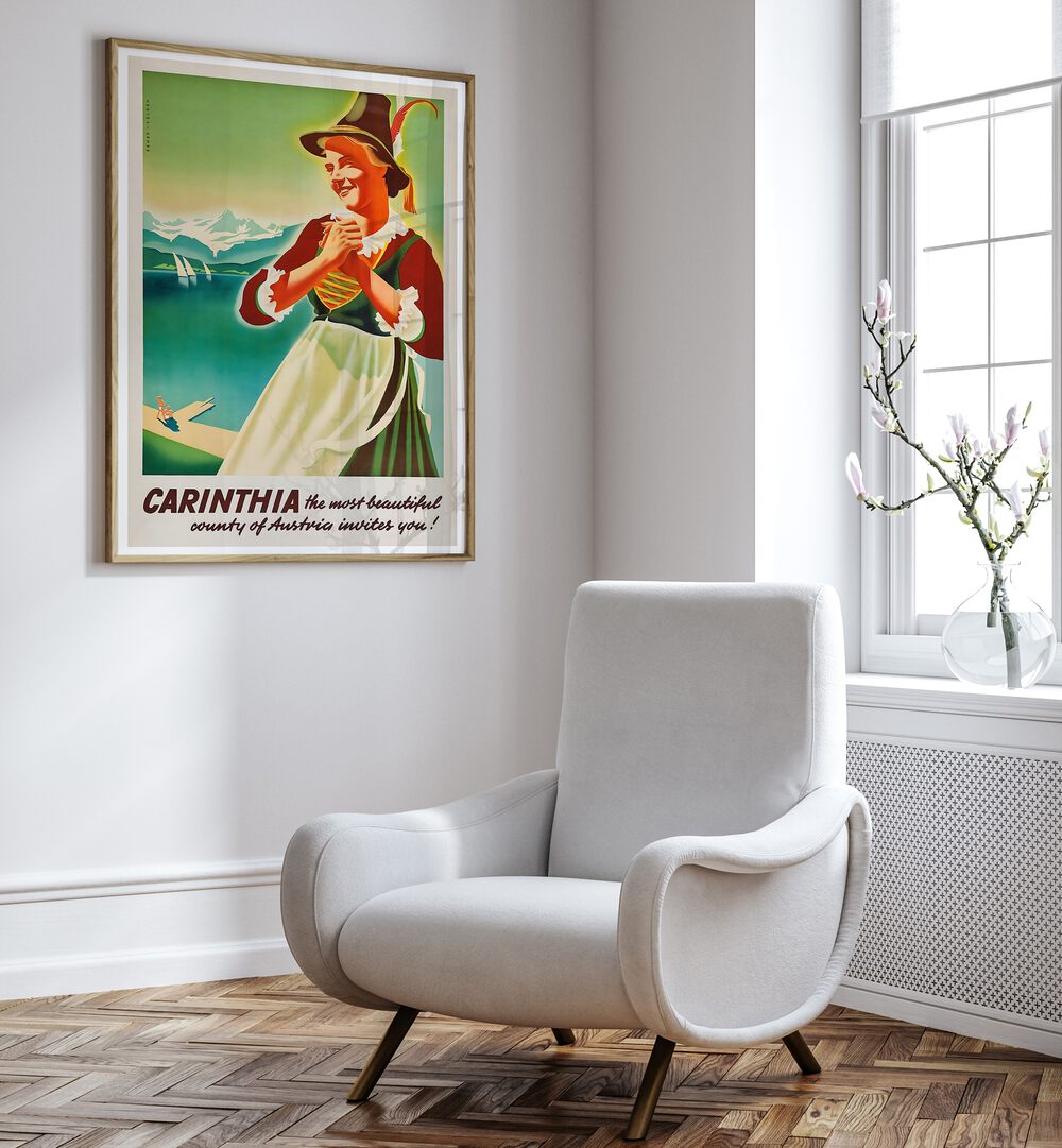 CARINTHIA, VINTAGE TRAVEL POSTERS adorn a stylish room, showcasing the beauty of Austria's landscapes and culture.