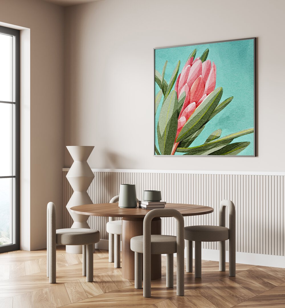 Elegant KING PROTEA, FLORAL FLOWER PAINTINGS adorn the wall, bringing exotic charm to modern decor.