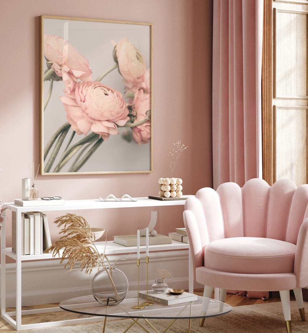 Elegant ROSE III, FLORAL FLOWER PAINTINGS adorn a chic pink interior, enhancing style and sophistication.