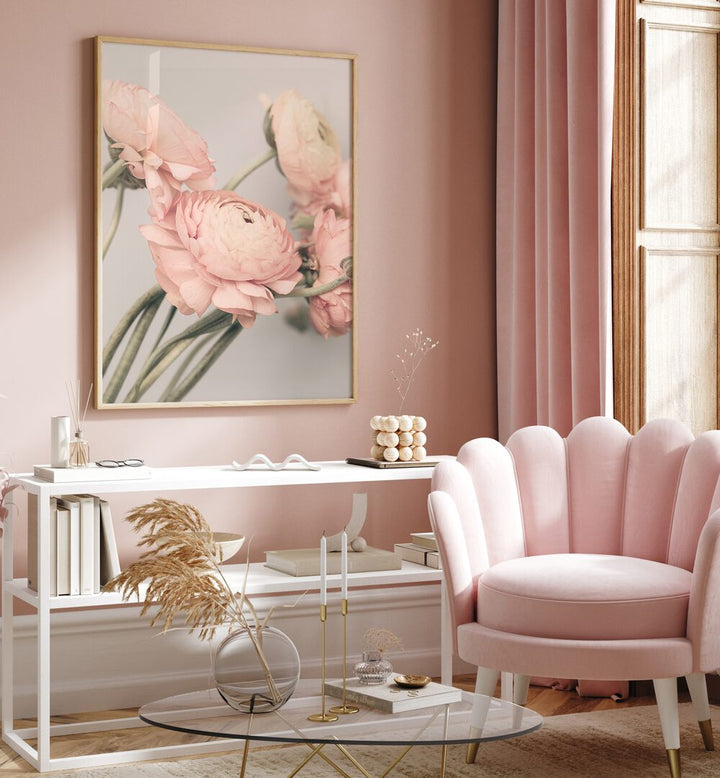 Elegant ROSE III, FLORAL FLOWER PAINTINGS adorn a chic pink interior, enhancing style and sophistication.